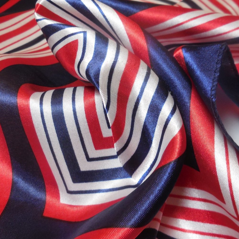 Scarf 19" x 19" Square Satin geometric print white-blue-red neck